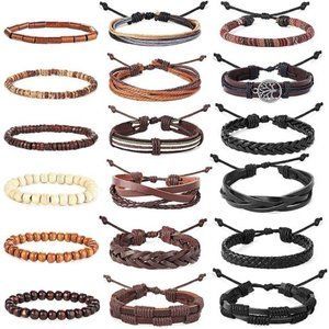 18pc Braided Leather Bracelets for Men Women Woven Cuff Wrap Bracelet Wood Beads